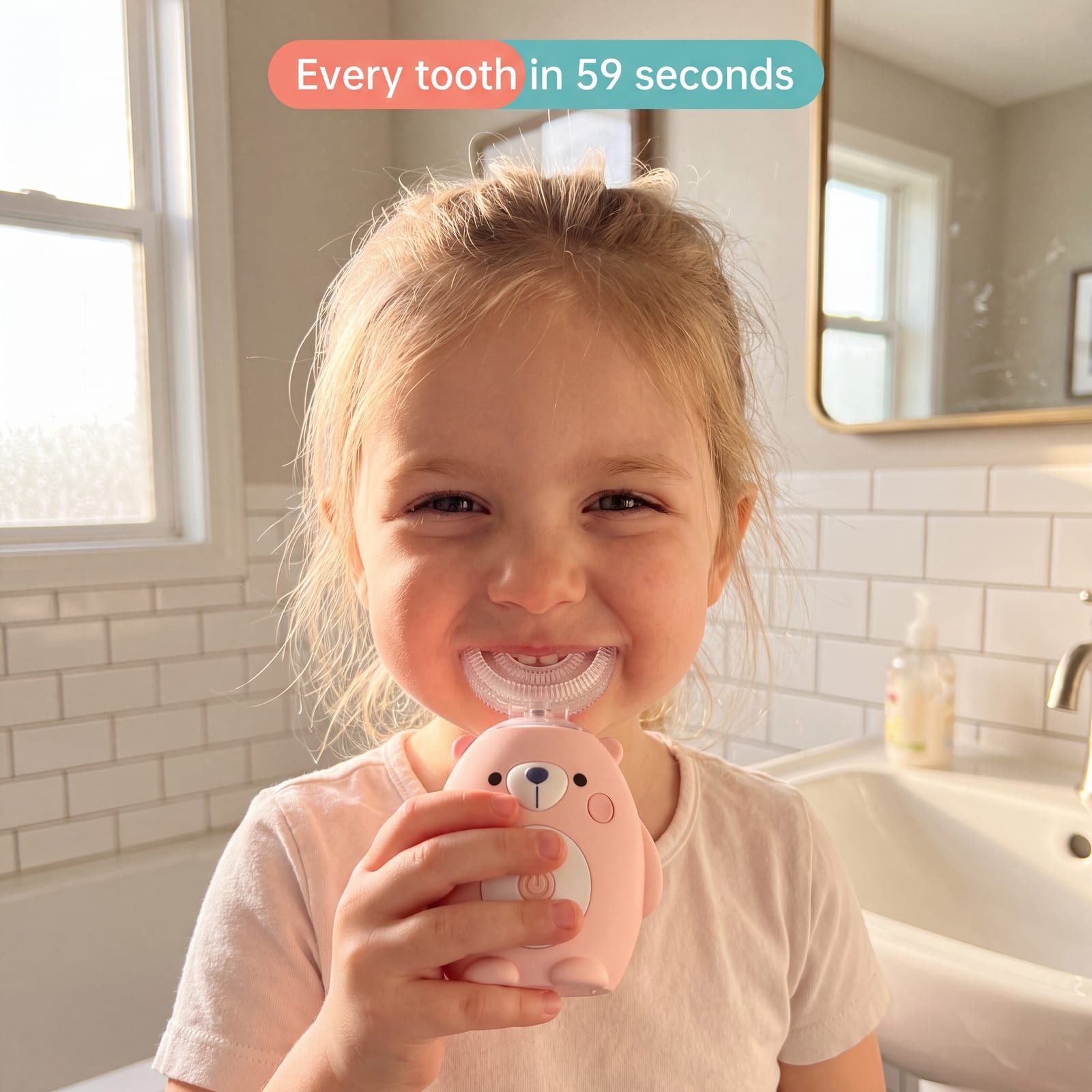 Happy child brushing hands-free with the Smilo U-brush