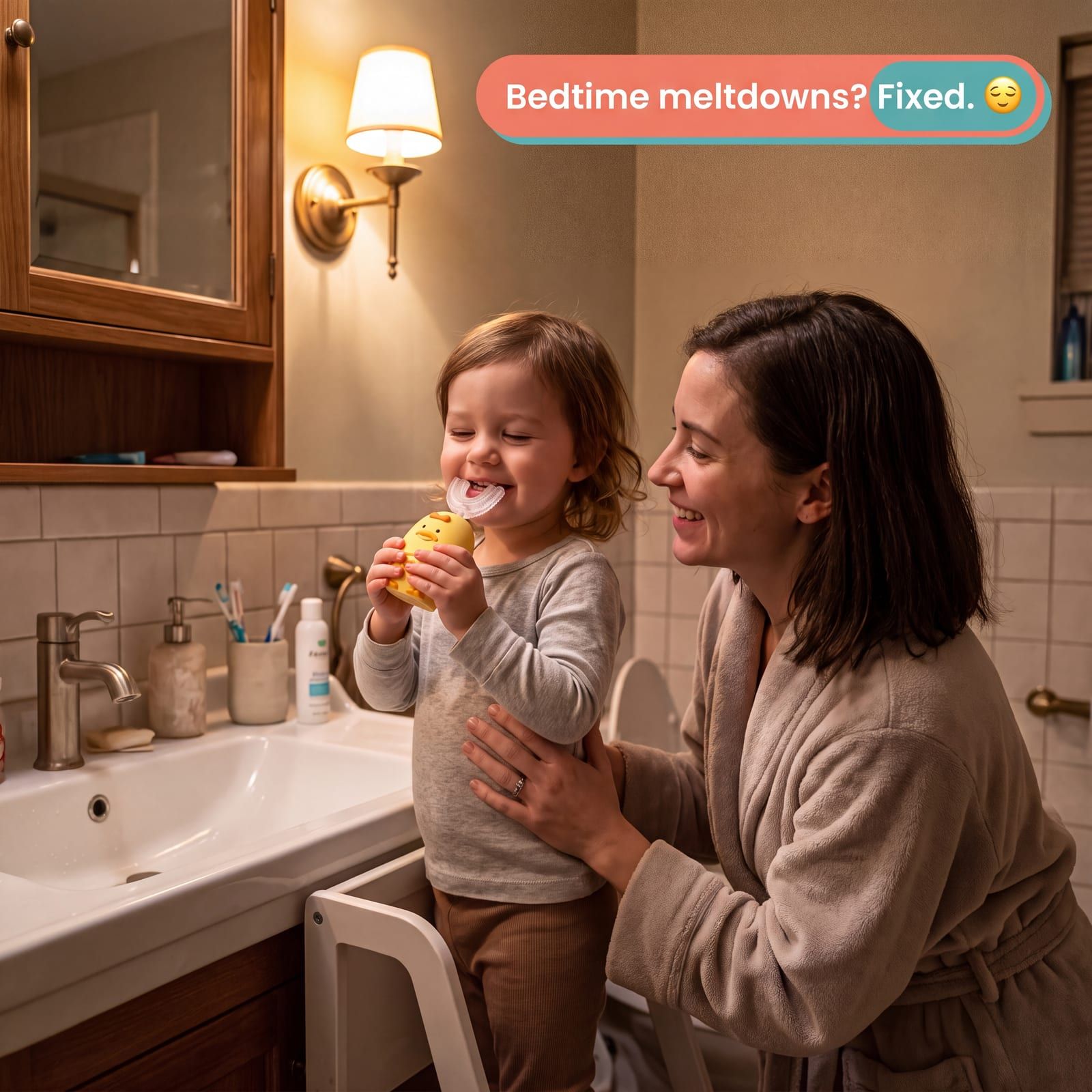 Calm bedtime routine — mom and child brushing with Smilo